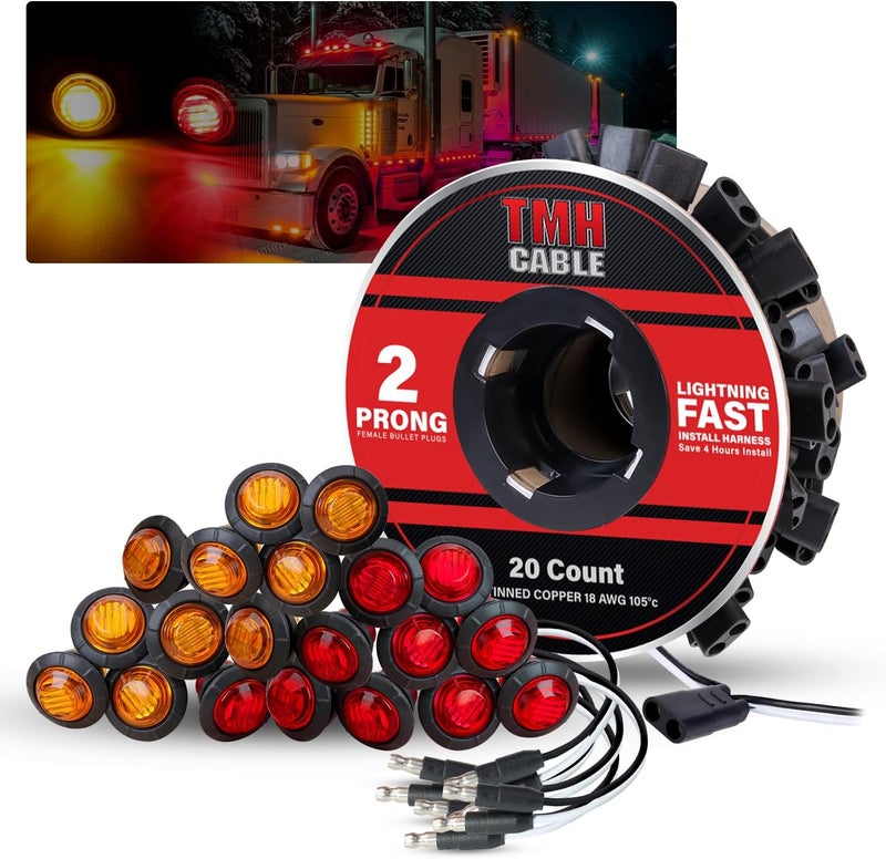 TMH 20 Pcs of 3/4 Inch Side Marker 10 Amber + 10 Red Lights with Connector Plug and 2 Pin Continuous Wire Harness, Plug and Play Hassle-Free Installation for Truck Trailer RV Pickup - Image 1